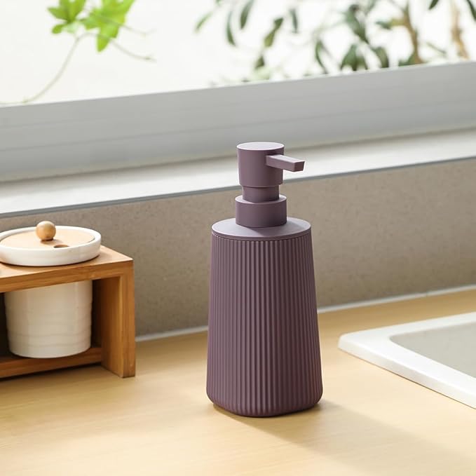 Small Soap Dispenser for Bathroom and Kitchen, Modern Farmhouse Striped Style Plastic Hand Soap Dish Soap Dispenser with Pump Matte Purple - Image 5