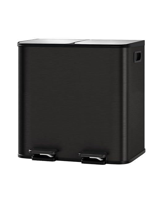 GarveeHome 2 x 4 gal Stainless Steel Double Trash Can with Lid for Kitchen, Large Dual Trash and Recycle Bin Combo, Step-on Kitchen Metal Garbage Cans, PP Inner Buckets, Liner Rim, Black by GarveeHome