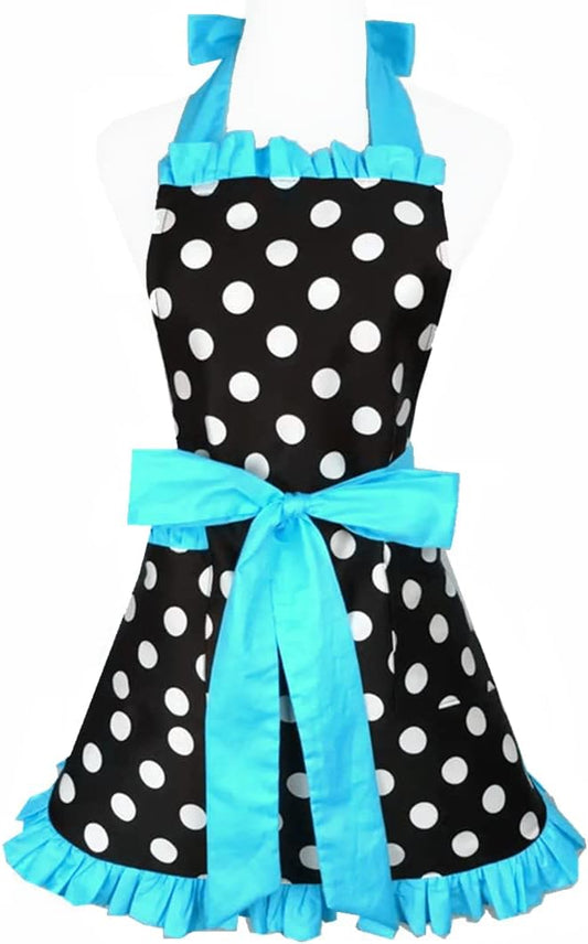 Hyzrz Cute Apron Retro Black Polka Dot Retro Ruffle Side Vintage Cooking Aprons with Pockets for Women Girls (Side Blue)