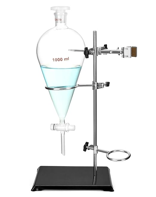 QWORK 1000ml Heavy Wall Conical Separating Funnel with 24/29 Fitting and PTFE Stopcock + Laboratory Distillation Support Rack for Titration Extraction