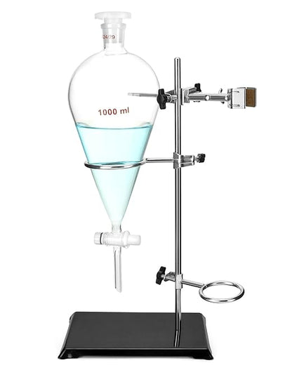 QWORK 1000ml Heavy Wall Conical Separating Funnel with 24/29 Fitting and PTFE Stopcock + Laboratory Distillation Support Rack for Titration Extraction
