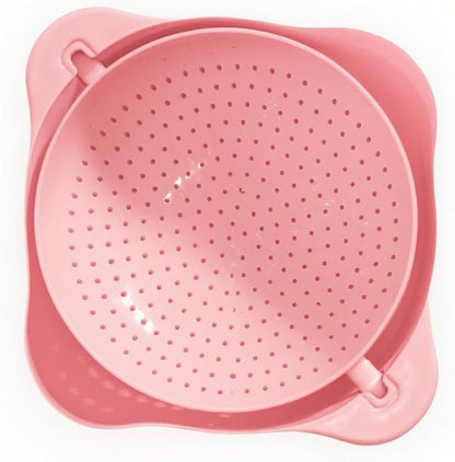 Kitchen Pro Double Rotatable Colander, Blue and Pink Plastic Vegetable and Fruit Strainer Bowl with Dual Draining Baskets, Kitchen Sink Drainer (Light Pink)