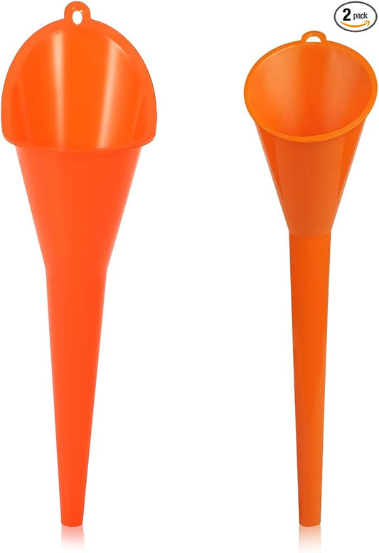 2 PCS Oil Funnel, Multi-Purpose Plastic Long Neck Oil Funnel, Automotive Use Funnels for Filling Oils Lubricants Water Diesel, Kitchen Funnels for Filling Bottles Jars (Orange, L+S)