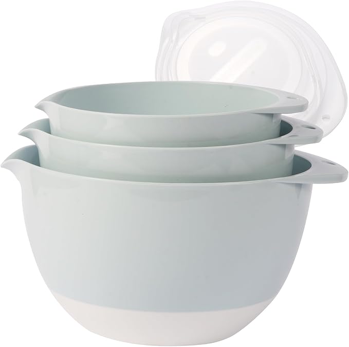 3 Plastic Mixing Bowls with Lids,Pour Spout,TPR Bottom,Mixing Bowl Set,Deep Nesting Small Batter Bowl for Serving,Prep,Baking,Non Slip,Dishwasher Safe,Easy to Grip/Spout,Pale Blue