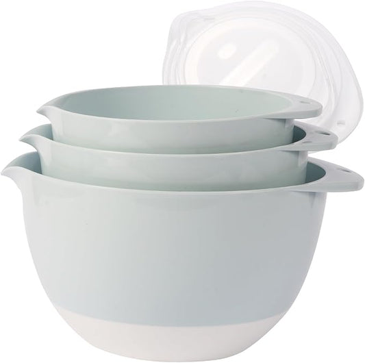 3 Plastic Mixing Bowls with Lids,Pour Spout,TPR Bottom,Mixing Bowl Set,Deep Nesting Small Batter Bowl for Serving,Prep,Baking,Non Slip,Dishwasher Safe,Easy to Grip/Spout,Pale Blue