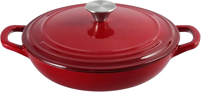 Flavehc Braiser Enameled Cast Iron Braiser 3 qt Braiser Pan with Lid Red Shallow Cast Iron Casserole Braiser Pan with Handels