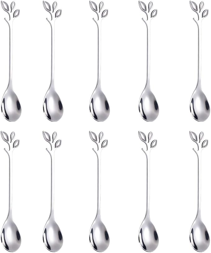 AnSaw Elegant Silver Leaf Coffee Spoons - 10-Piece, 4.7" Mini Stainless Steel Espresso & Dessert Tea Spoons, Perfect for Demitasse & Small Servings by AnSaw