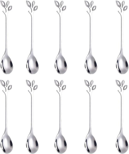 AnSaw Elegant Silver Leaf Coffee Spoons - 10-Piece, 4.7" Mini Stainless Steel Espresso & Dessert Tea Spoons, Perfect for Demitasse & Small Servings by AnSaw