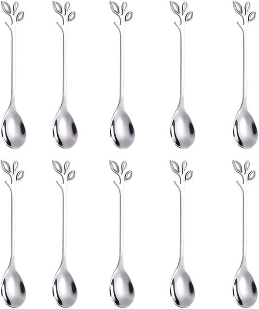 AnSaw Elegant Silver Leaf Coffee Spoons - 10-Piece, 4.7" Mini Stainless Steel Espresso & Dessert Tea Spoons, Perfect for Demitasse & Small Servings by AnSaw