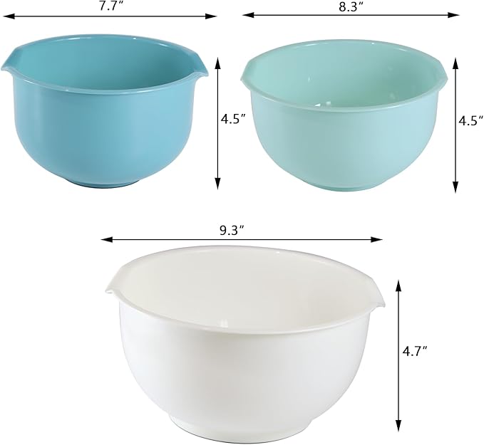 Set of 3 Mixing Bowls with Pour Spout-Nesting Design Saves Space - Non-Slip, BPA Free, Dishwasher Safe Plastic - Kitchen Cooking and Baking Supplies (Blue) - Image 2