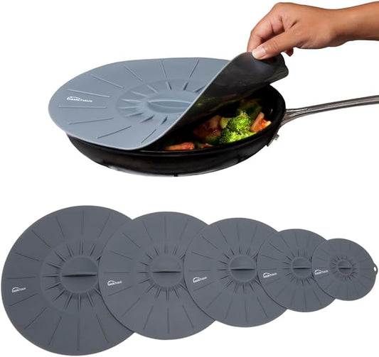 Microwave Cover Silicone Lids - Set of 5: 6, 8, 10, 12 and 13.8 inches - Suction Covers for Pots, Pans, Bowls, Cups, Skillets - Splatter Protection - Easy Food Storage - BPA Free by BasicHaus