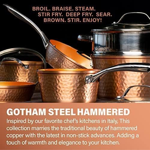 Gotham Steel Hammered 15 Pc Ceramic Cookware Set Nonstick, Induction Pots and Pans Set Non Stick with Bakeware Set & Steamer for Cooking, Non Toxic PFOA PFOS Free, Oven & Dishwasher Safe - Copper - Image 6