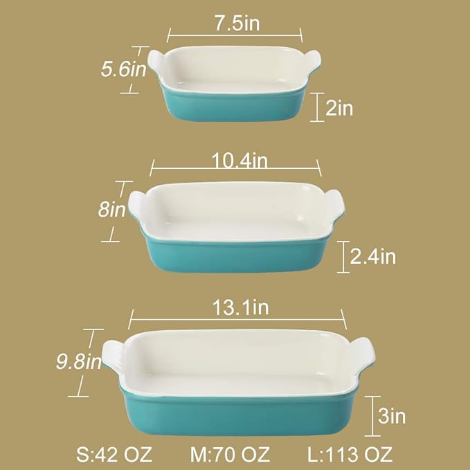 Sweejar Baking Pans Set, Ceramic 9x13 Baking Dish with Handle, Rectangular Casserole Dishes for Oven, Bakeware Sets of 3, Durable Lasagna Pan Deep for Kitchen, Banquet, Wedding Gift(Beige) - Image 3