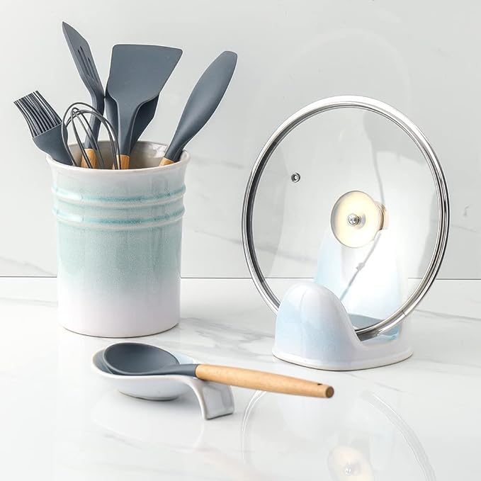 Nihow Pot Lid Holder: Stable Ceramic Pan Lid Holder for Kitchen Counter Decor/Counter top/Stove Top- Heat Resistant & Dishwasher Safe - Elegant White & Green (1 PC) - Image 7