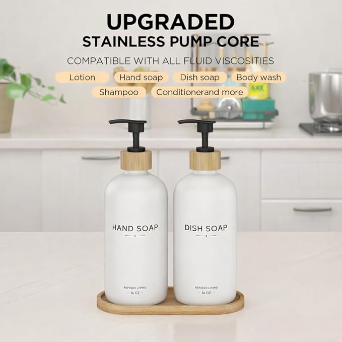 Hand and Dish Soap Dispenser Set,16oz Glass Bottles with Printed Labels, Bamboo Tray & Pump,Countertop Soap Dispensers for Kitchen,Luxury, Minimalist & Farmhouse Decor (Hand Dish (White)) - Image 4