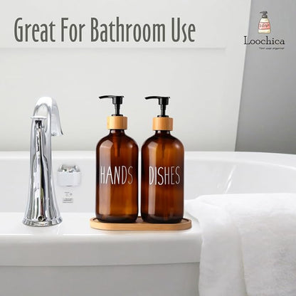 LOOCHICA Amber Glass Soap Dispenser Set with Tray, Amber Dish and Hand Soap Dispenser Set, Refillable Reusable Apothecary Soap Pump Dispenser Bottles for Bathroom and Kitchen - Image 8