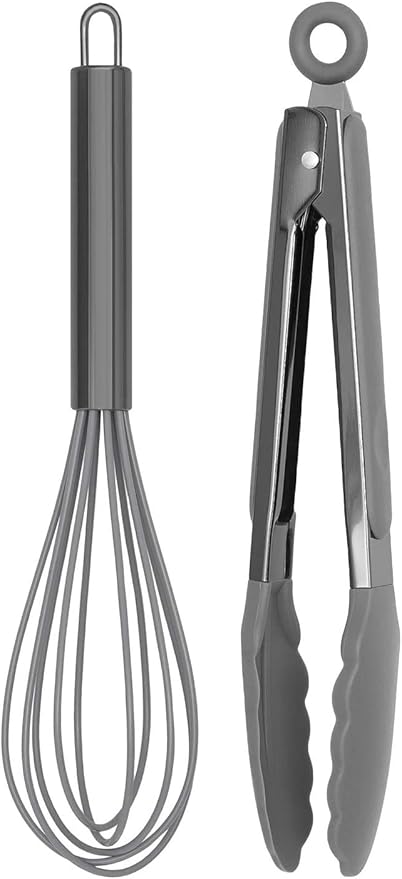 Country Kitchen Stainless Steel Silicone Tipped Kitchen Food BBQ and Cooking Tongs for Non Stick Cookware, BPA Fee, Stylish, Sturdy, Locking, Grill Tongs, Gunmetal, Tong and Whisk Set, Gray