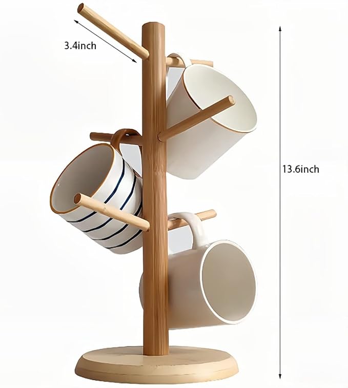 Dorhors Mug Tree,Coffee Cup Holder with 6 Hooks,Wood Mug Holder for Counter,Coffee Bar Accessories and Orgnizer station (Natural)