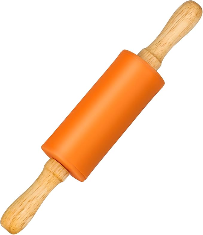 Mini Silicone Rolling Pin for Kids, Non-stick Surface Wood Handle, 9 Inch 1 Pack Orange by Honglida