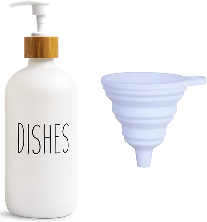 LOOCHICA Dish White Glass Soap Dispenser with Plastic Pump, 16 Oz White Dish Soap Dispenser Set Refillable Reusable Apothecary Soap Pump Dispenser Bottles for Bathroom and Kitchen by Loochica