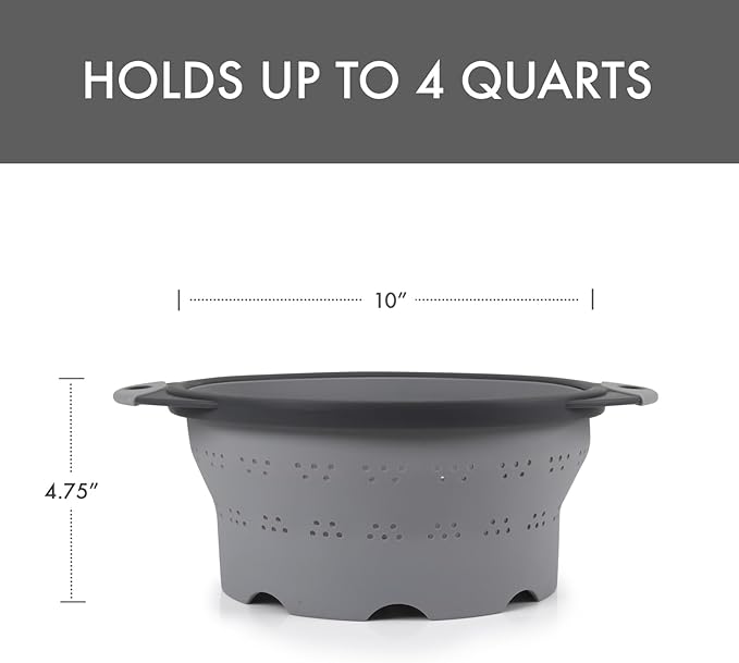 Dexas 10" Collapsible Silicone Colander in Cool Grey, Kitchen Strainer with Handles, 15.1 Cup Capacity | BPA-Free, Heat-Resistant, Space-Saving Kitchen Tool - Image 3
