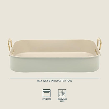 Gibson Home Broxton 2-Piece Nonstick Roaster Pan with Rack – 16 x 12 Inch Mint Green Turkey Roasting Pan with Cast Aluminum Gold Handles – Oven-Safe, Easy-Clean, Holiday Cookware