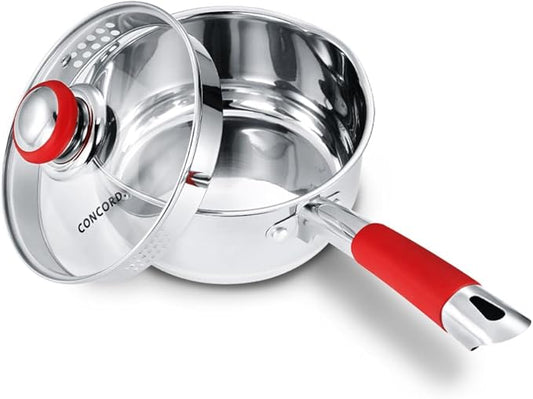 Concord 2 Quart Stainless Steel Saucepan with SIMPLE POUR Vented Glass Lid. Features Dual Pouring Spouts and Volume Marking. Perfect for making Sauces, Jam, Ramen, and more