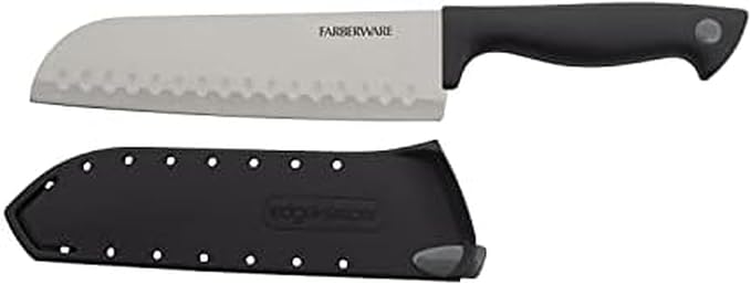 Farberware Edgekeeper 7-Inch Santoku Knife with Self-Sharpening Blade Cover, High Carbon-Stainless Steel Kitchen Knife with Ergonomic Handle, Razor-Sharp Knife, Black by Farberware
