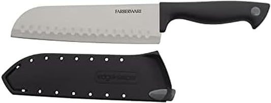Farberware Edgekeeper 7-Inch Santoku Knife with Self-Sharpening Blade Cover, High Carbon-Stainless Steel Kitchen Knife with Ergonomic Handle, Razor-Sharp Knife, Black by Farberware