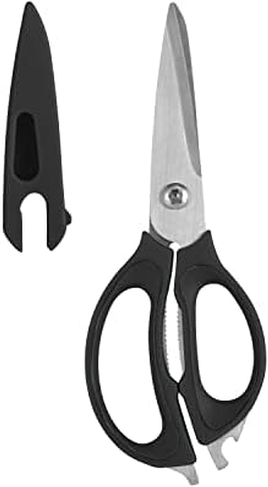 Farberware 4-in-1 Kitchen Scissors with Black Handle, High-Carbon Stainless Steel Shears with Bottle Opener, Jar Opener and Screwdriver, Kitchen Shears for Food Prep