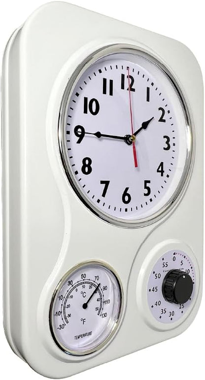 Lily's Home - 9.5 Inch x 12.5 Inch - Retro Kitchen Wall Clock, Vintage Wall Clock with a Thermometer and 60-Minute Timer, Ideal for Any Kitchen, Office, or Diner (White)