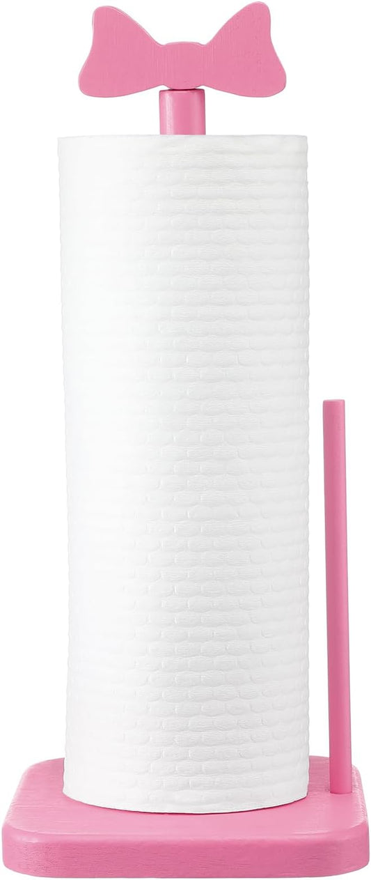 Leinuosen Pink Bow Paper Towel Holder Coquettish Cute Bow Wooden Paper Towel Holder Pink Bathroom Countertop Accessories Kitchen Roll Stand Organizer Standing Apartment Decor Housewarming Gift
