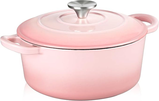 TeamFar Enameled Cast Iron Dutch Oven - 3QT Small Dutch Oven Pot with Lid - Heavy Duty Cast Iron Pot Cookware for Bread Baking, Braising, Stewing, Roasting, Pink by TeamFar