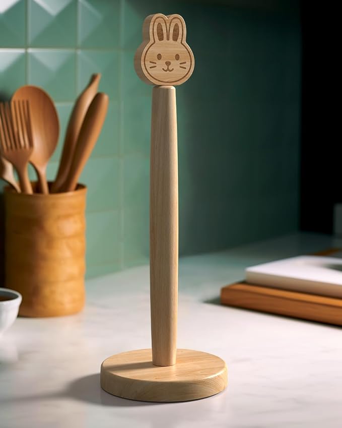 KitchLife Cute Wooden Paper Towel Holder Countertop - Solid Freestanding Paper Towel Dispenser Stand Organizer with Anti-Skid Base (Rabbit) by OverDoorHooksKitchenSupplies