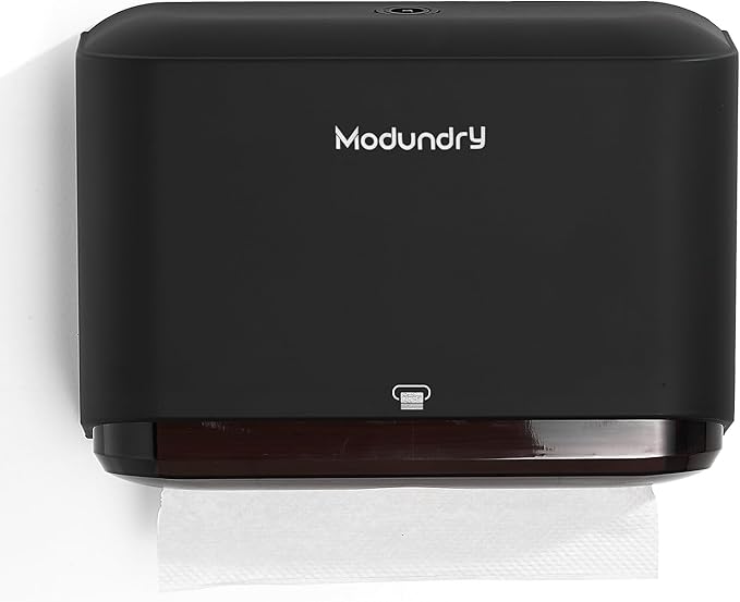 Wall Mount Paper Towel Dispensers, Modundry Multifold Paper Towel Dispenser with Smart Lock, Adhesive No Drilling Install, Hand Towel Holder for Home Bathroom,Restroom, Office (Black)