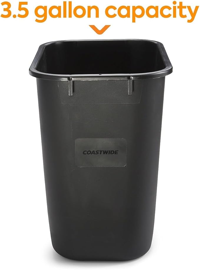 COASTWIDE Professional™ Indoor Trash Can Without Lid, Black Soft Molded Plastic, 3.5 Gallon, 6/Pack