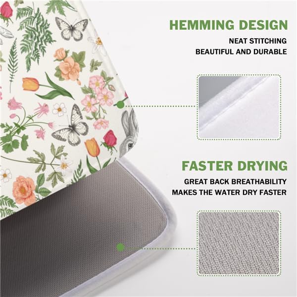 Easter Bunny Dish Drying Mat for Kitchen Counter,Colorful Flowers Sage Green Leaves Vintage Botanical Plants Drying Mat 16 x 18 Inch with Absorbent Reversible Microfiber Drying Pad for Coffee Bar - Image 3