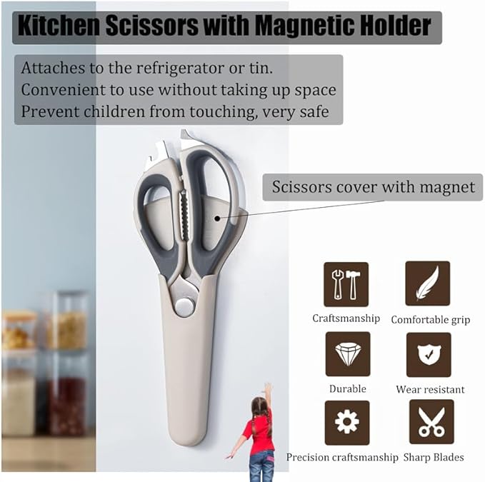 2 Pcs Heavy Duty Kitchen Shears with Magnetic Holder for Fridge, Multi-function Kitchen Magnetic Scissors for Food - Come Apart Design, Rust-Resistant (White and Green)