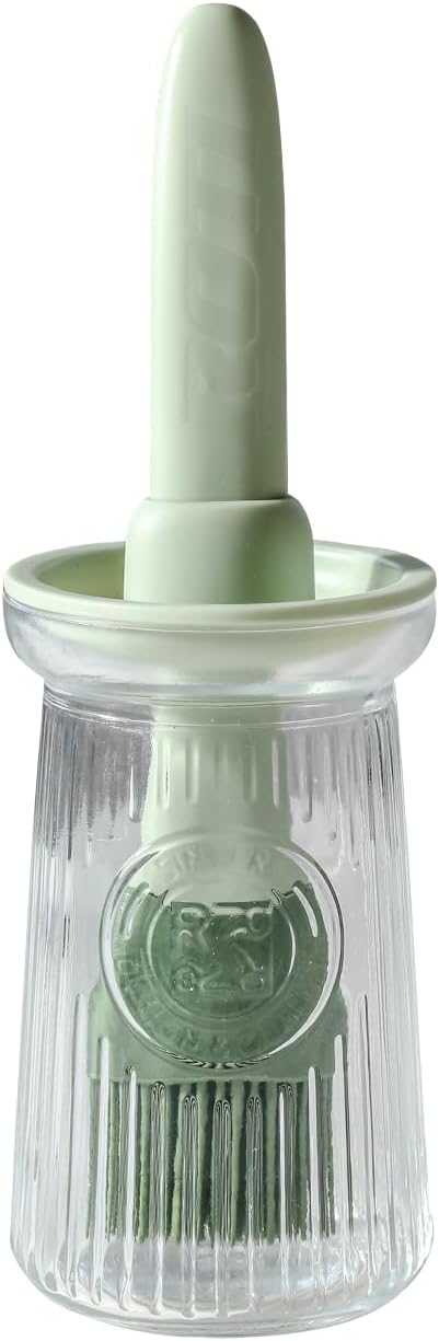 Oil Dispenser with Brush - Glass Olive Oil Dispenser for Kitchen, 3 IN 1 Oil Dispenser Bottle with Silicone Basting Brush for Cooking Vinegar Sauce BBQ Grill Frying (Green)