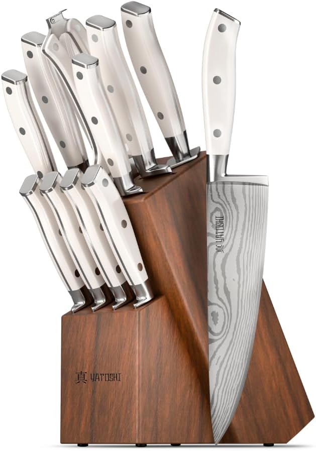 Yatoshi 12 Piece White Knife Block Set - Pro Kitchen Knife Set Ultra Sharp High Carbon Stainless Steel with Ergonomic Handle by YatoshiKnives