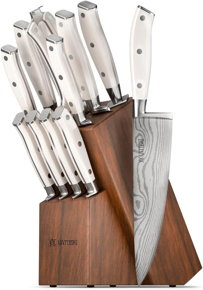 Yatoshi 12 Piece White Knife Block Set - Pro Kitchen Knife Set Ultra Sharp High Carbon Stainless Steel with Ergonomic Handle by YatoshiKnives