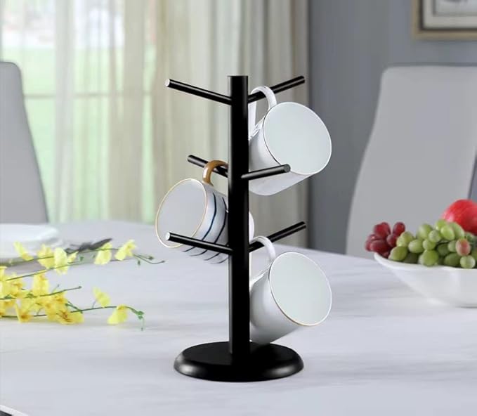 Dorhors Mug Tree,Coffee Cup Holder with 6 Hooks,Wood Mug Holder for Counter,Coffee Bar Accessories and Orgnizer station (Balck)