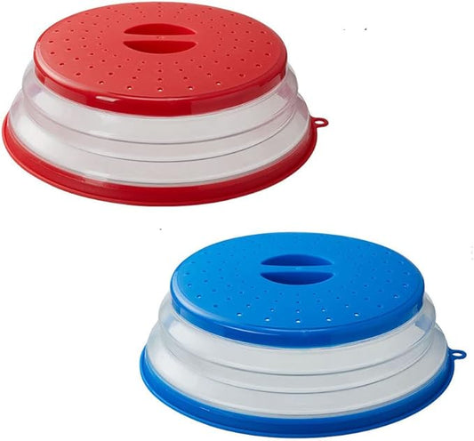 Collapsible Microwave Splatter Cover, 10.5 Inch, Dishwasher-safe, Microwave Plate Cover With Steam Vent，BPA-Free Silicone & Plastic(2 PCS,blue & red)