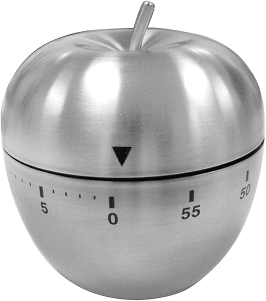 Mechanical Kitchen Timer 60 Minutes, Apple-Shaped Wind Up Timer (No Batteries), Manual Analog Cooking Timer with Loud Ring for Baking, Eggs, and Meal Prep, Silver
