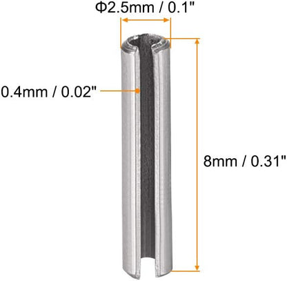 uxcell Slotted Spring Pin - M2.5 x 8mm 304 Stainless Steel Split Spring Roll Dowel Pins Plain Finish 20Pcs