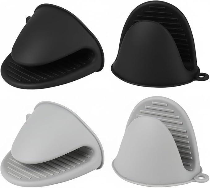 4 PCS Silicone Oven Mitts Heat Resistant Mini Oven Gloves for Kitchen Rubber Air Fryer Mitts Oven Accessories Finger Cooking Pinch Mitts Pot Holders for Kitchen Cooking Baking Dishwasher, Black & Gray by Libemskix
