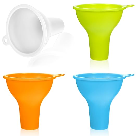Silicone Funnels, 4 PCS Wide Mouth Funnel Kitchen Funnel Set Flexible Condiment Sauce Canning Set Flexible for Home Restaurant Squeeze Bottles Spice Filling Bottles Liquid Oil (3 x 1 Inch, Multicolor)
