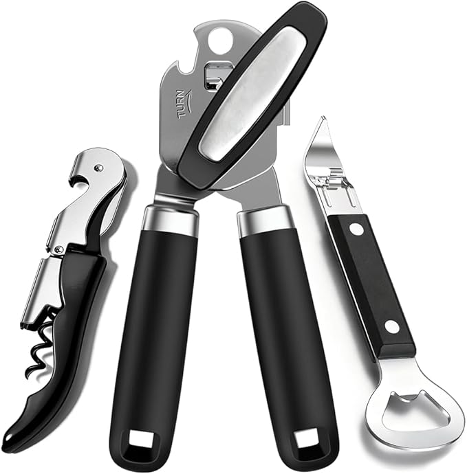 3PCS Can Opener Manual & Bottle Opener & Wine Opener, Smooth Edge Can Openers with Strong Magnet, Heavy Duty Stainless Steel Abrelatas Handheld Waiter Corkscrew - Premium Kitchen Supplies (Black) by Unknown