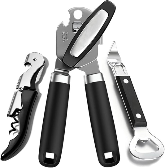 3PCS Can Opener Manual & Bottle Opener & Wine Opener, Smooth Edge Can Openers with Strong Magnet, Heavy Duty Stainless Steel Abrelatas Handheld Waiter Corkscrew - Premium Kitchen Supplies (Black) by Unknown