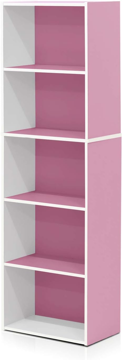 Furinno LUDER Book Shelf, 5-Tier Bookshelf, Bookcase with Open Shelves, 9.4 x 15.8 x 52, Easy Assembly, for Living Room, Bedroom, Home Office, White/Pink - Image 6